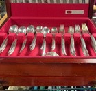 Vintage 1956 1847 Rogers Bros Flair Silverplate Flatware Set W  Wood Chest Mcm