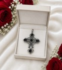 Black Stone Cross Pendant  Ornate Gothic Cross Necklace  Vintage Style Religious