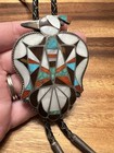 Vintage Zuni Thunderbird Bolo Tie     Sterling Silver  Turquoise  Coral  Jet  Mop 