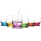 Stemless Wine Glasses Set Of 6 - Hand Blown Colored Short Wine Tumblers - 15 Oz 