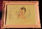 2 Small Vintage Nursery Baby Prints In Pink Frames