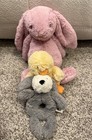 Lot Of 3 Jellycat Plush Stuffed Animals Poppet Chick  Tulip Bunny  Puppy Rattle