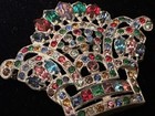 Vintage 1930s Art Deco Multicolor Rhinestone Pot Metal Brooch Pin Openwork Crown