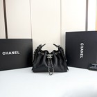 Black Quilted Leather Bucket Bag  Silver Chain Drawstring Shoulder Handbag