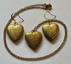 Vintage Jewelry Set Heart Locket Double Heart Brass Pendant 1  L8  Gp   Earrings