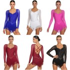 Womens Jumpsuit Tassel Hem Dancewear Tango Leotard Long Sleeve Bodysuit Party