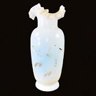 Vintage Art Glass Vase Ruffled White Antique Painted   8   t 4   w