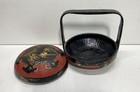 Japanese Lacquered And Hand Painted Vintage Woven Basket Black Red Gold
