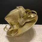Nwt Sophia Collection Metallic Gold Sinamay Church Hat Rhinestone Bow Derby Os
