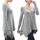 Fall Winter Womens Casual Long Sleeve V-neck Tunics Irregular Hem T Shirt Tops