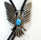 Vintage Southwestern Sterling Silver Turquoise Thunderbird Tips Twisted Bolo Tie