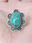 Vintage Native Beautiful Oval Turquoise Sterling Silver Flower Ring  Size 7 