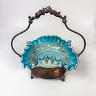 Antique Victorian Bridal Basket Glass Blue Ruffled Bowl Hand Painted Metal Stand