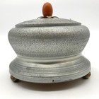 Vintage Spun Aluminum Musical Powder Box Bakelite Finial Greek Key Feet Vanity