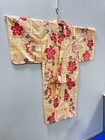 Vintage Japanese Yukata Cotton Kimono  Pale Yellow Red Sakura Pattern Robe As Is