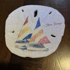 Vtg Hand Painted Sand Dollar Sailboats San Diego Striped Sparkling 3 5 X 3 5  In