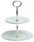 Royal Albert Polka Rose Vintage Cake Stand 2 Tier Pale Green White Dot Gold Trim