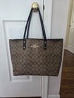 Coach Signature Logo City Tote Brown W  Black Straps Zip Closure Large Pouch