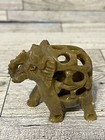 Carved Soapstone Elephant With Baby Inside Trunk Up Green