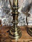 Pair Of Vintage Stiffel 38    Heavy Brass Torchiere Lamps White Glass Ribbed Shade