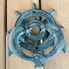 Nautical Anchor And Ship Wheel Decor Set Teal Patina Cast Iron Coastal Wall Art