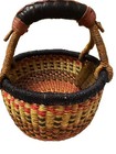 African Ghana Bolga Market Hand Made Woven Basket  Leather Wrap Handle 