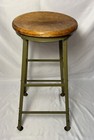 Vintage Early Mid Century Industrial Green Steel Stool Wood Top School 28 75     a