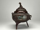 Antique Japanese Bronze Champlev   Footed 6 25  Censer Early 1900 s Meiji Taisho