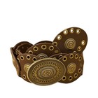 Womens Boho Brown Leather Wide Circle Disc Studded Belt Antique Gold Buckle