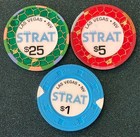 Three Chips    25  5  1 Strat  Casino Chip Las Vegas Nv