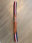 Tommy Hilfiger Men s 44 Striped Woven Belt Blue Red White Brown Logo Buckle