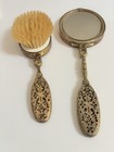 Vintage Intricate Lace-like Brass Matching Vanity Mirror And Brush Set