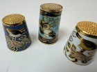 Cloisonne Thimbles Brass And Enamel Multicolor Birds Owl Lot Of 3 Vintage