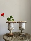 A Pair Of 19th Century Cast Iron Classical Urns Original Distressed Paint 33cm