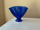Cobalt Blue Fan Shaped Vase Octagonal Base 10  Wide 8  Tall