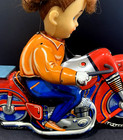 Vintage 1950 s Girl Cycle Tin Litho Friction Motorcycle Toy Haji Japan Works 
