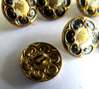 Set 14 Antique Bodice Gilt Brass Enamel Buttons Black - Centers Have Wear 1 4 