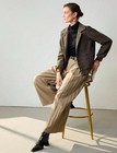 Womens Brown Plaid Cropped Jacket Houndstooth Button Front Blazer Coat Fall Chic