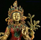 Tibet Bronze Gilt Inlay Turquoise Gem Green Tara Kwan-yin Goddess Buddha Statue