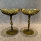 Pair Vintage Mid Century Olive Optic Glass Twisted Stem Low Bowl Italy Empoli