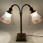 Antique Art Nouveau Double Arm Lamp Glass Floral Shades Green Onyx Base