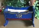 Antique Miniature Dollhouse Furniture Folk-art Blue Stenciled Wooden Baby Cradle