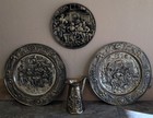 Vintage Brass Plates  3  And Water Pitcher  Unique Designs On All  Japan