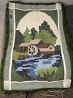 Vintage Latch Hook Rug Wall Hanging  1970s Bernat  old Mill Stream  Landscape