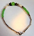 Handmade Artisan Bracelet Green White Glass Beads Sterling Silver Tubes   Clasp