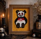 Vintage Handmade Needlepoint Panda Wall Art Framed Creepy Cute Kitsch Folk Decor