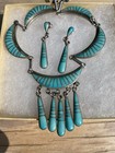Vintage Turquoise Inlay And Silver Necklace And Earrings Set Signed