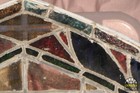 Vintage Stained Glass Window  Salvaged  Arched Panel W Palm Detail 63 5 w X 39 h