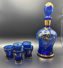 Cobalt Gilt Floral Decanter   Shot Glasses Vintage Czech Art Glass - Set Of 6