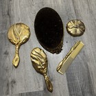 Vtg 70s Vanity Set X5 Gold Plated Hand Mirror Comb Brush Boudoir Art Deco Ribbon